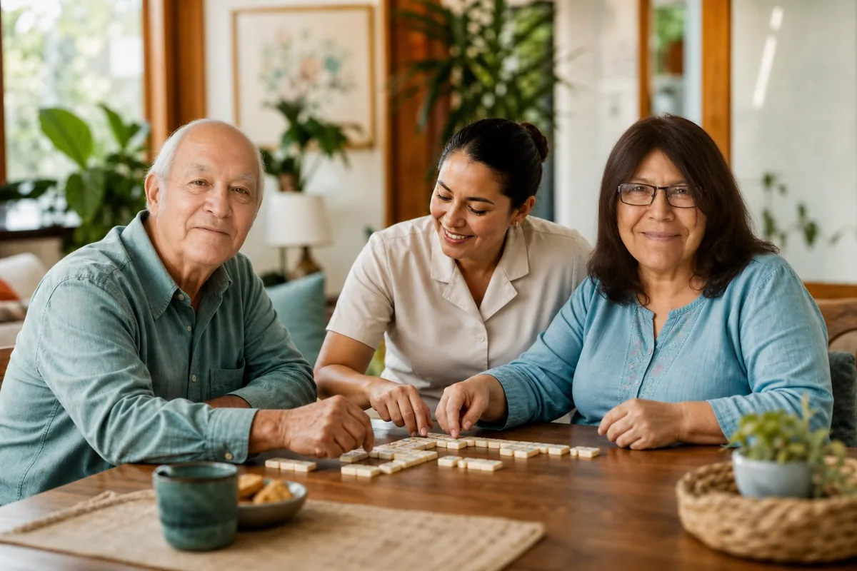Pareja de personas mayores compartiendo una actividad de mesa con una cuidadora