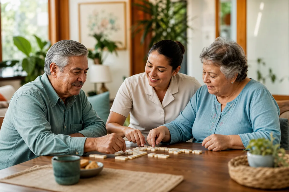 Personas mayores compartiendo una actividad de mesa con una cuidadora